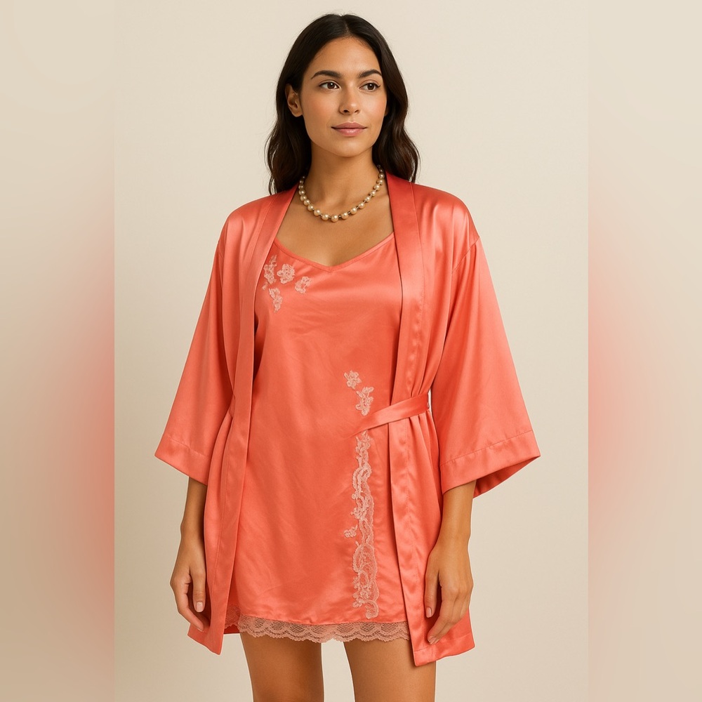 Vintage Victorias Secret Nightie Slip Satin Lace Lingerie robe GOLD LABEL RARE